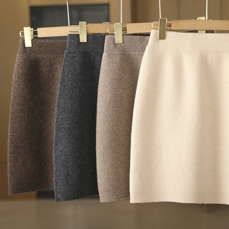 New Chic Women Autumn Winter Warm Soft Luxury Cashmere Dress 100% Merino Wool Mini Skirt Preppy Style Cashmere Knitted Skirt