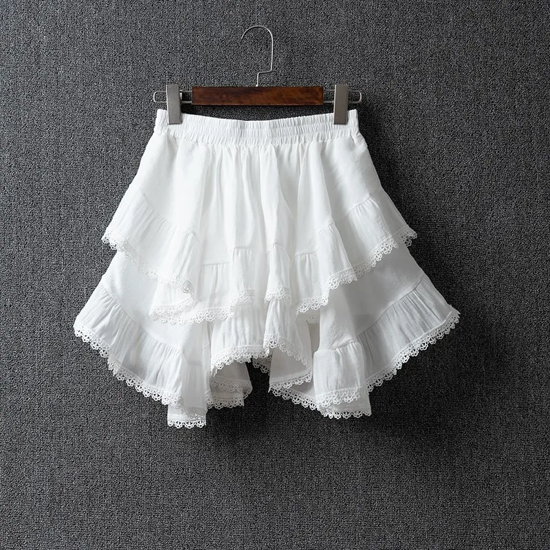 Summer Irregular Lace Round Cotton Linen Mini Skirt, High Waist Short Skirts For Women 2025