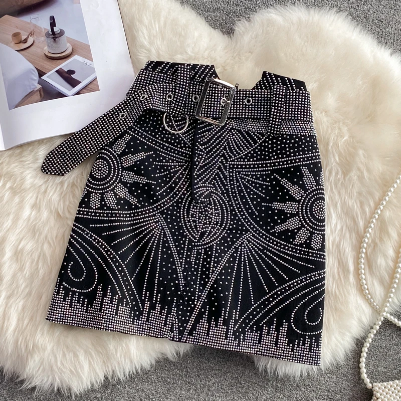 Women's High Waist Beading Skirt, Package Hips Skirts, Korean Style, A-line Slim Women's Clothing, Autumn Fashion, Dropshipping