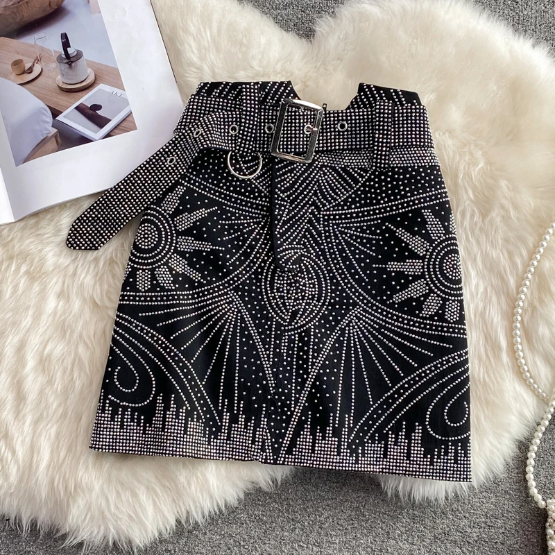 Women's High Waist Beading Skirt, Package Hips Skirts, Korean Style, A-line Slim Women's Clothing, Autumn Fashion, Dropshipping