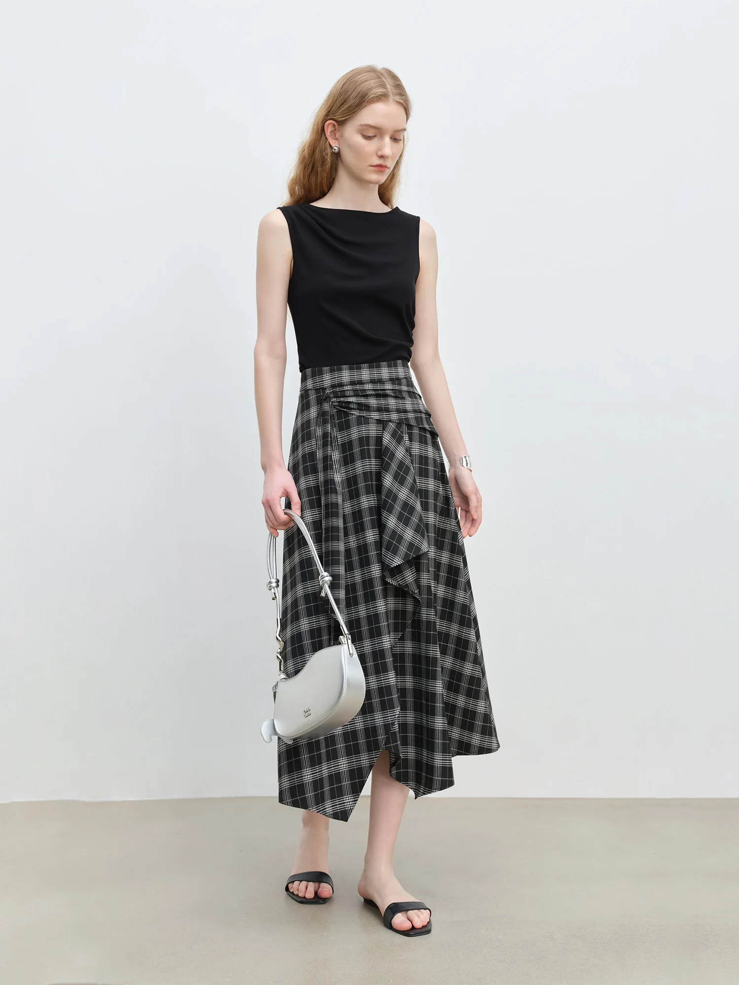 ZIQIAO 2025 Summer Petite Artistic Check Skirt - High-Waisted Asymmetric Hem & A-Line Silhouette for Retro Chic 25ZQ92390