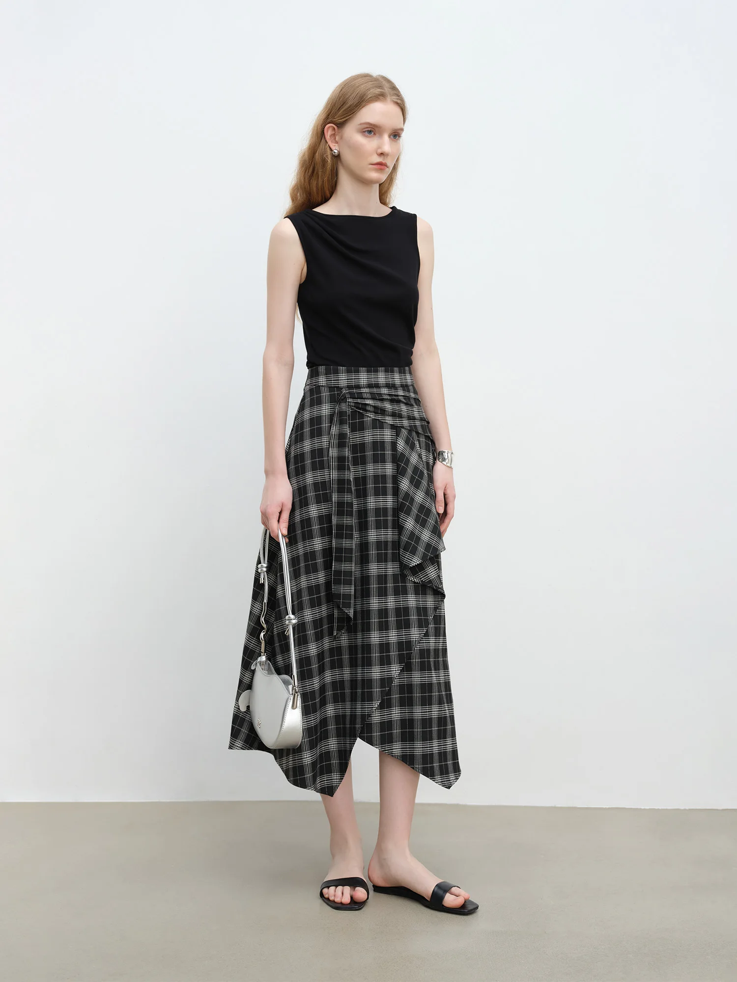 ZIQIAO 2025 Summer Petite Artistic Check Skirt - High-Waisted Asymmetric Hem & A-Line Silhouette for Retro Chic 25ZQ92390