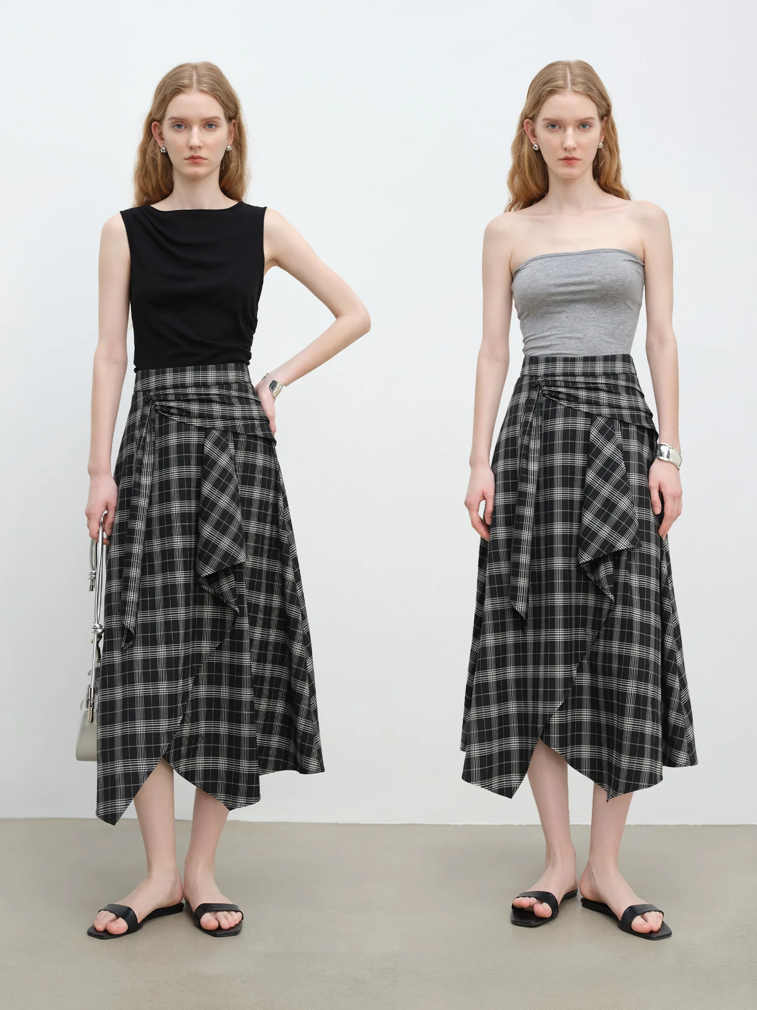 ZIQIAO 2025 Summer Petite Artistic Check Skirt - High-Waisted Asymmetric Hem & A-Line Silhouette for Retro Chic 25ZQ92390