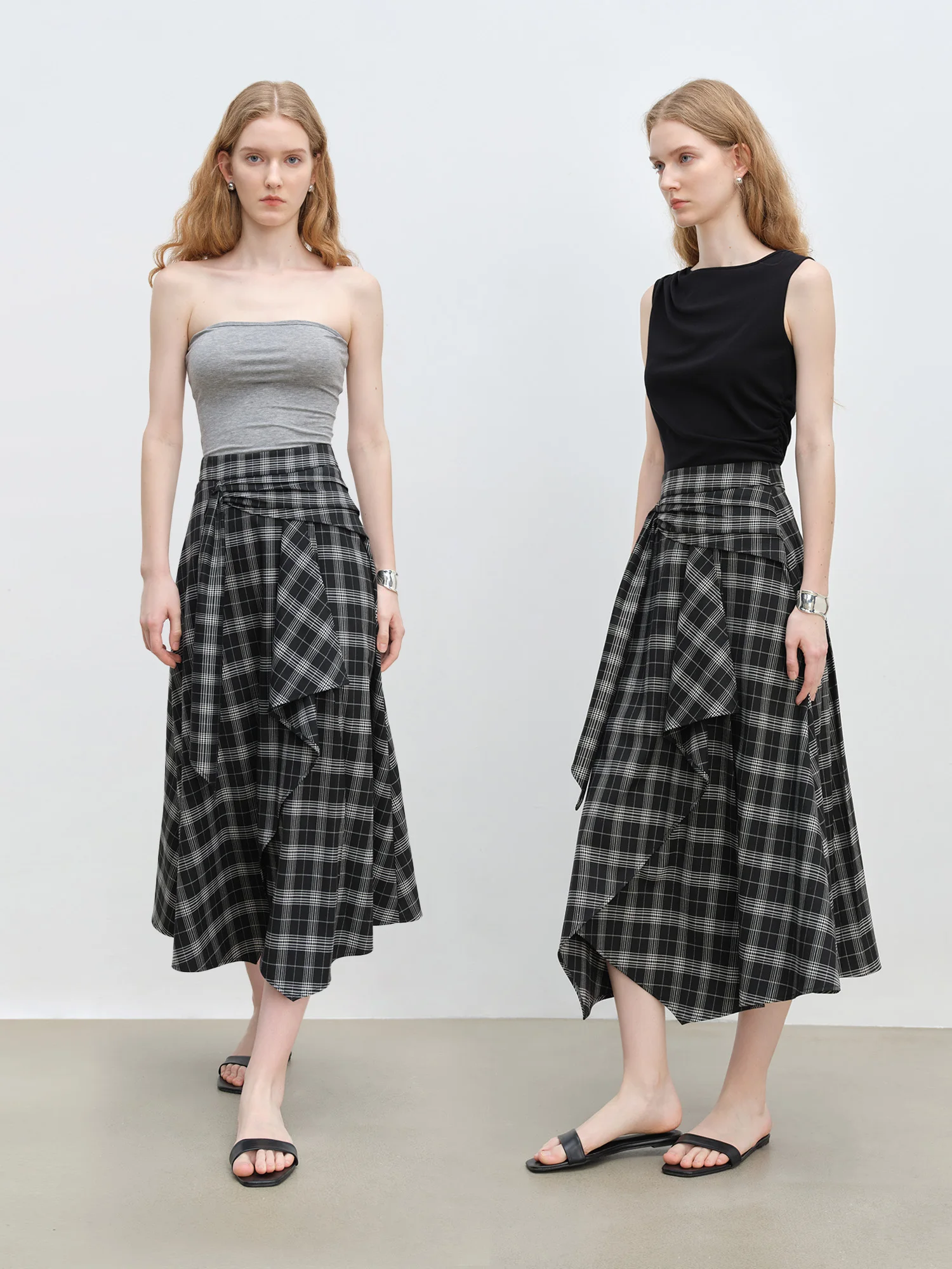 ZIQIAO 2025 Summer Petite Artistic Check Skirt - High-Waisted Asymmetric Hem & A-Line Silhouette for Retro Chic 25ZQ92390