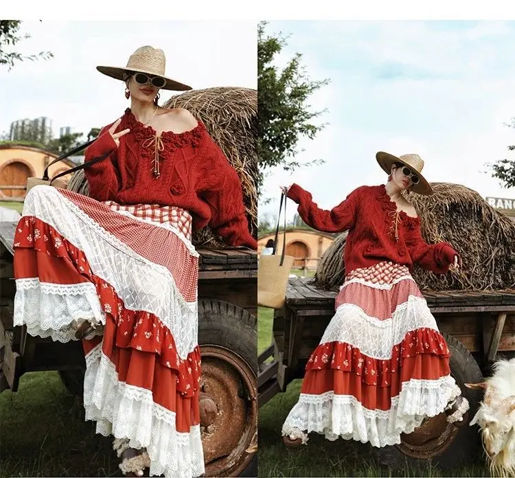 Autumn French Fashion Y2K Vintage Pastoral Style Skirts Women Slim Plaid Print A-Line Cake Skirts Casual Elegant Pleated Skirts