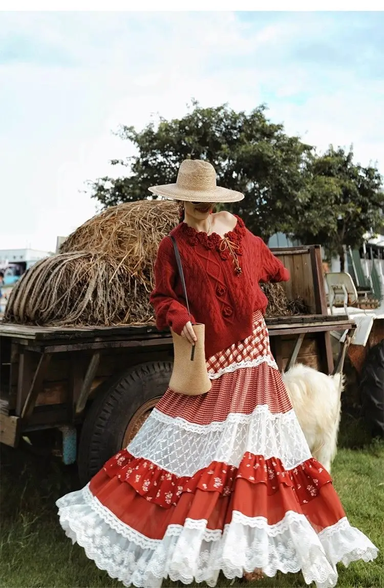 Autumn French Fashion Y2K Vintage Pastoral Style Skirts Women Slim Plaid Print A-Line Cake Skirts Casual Elegant Pleated Skirts