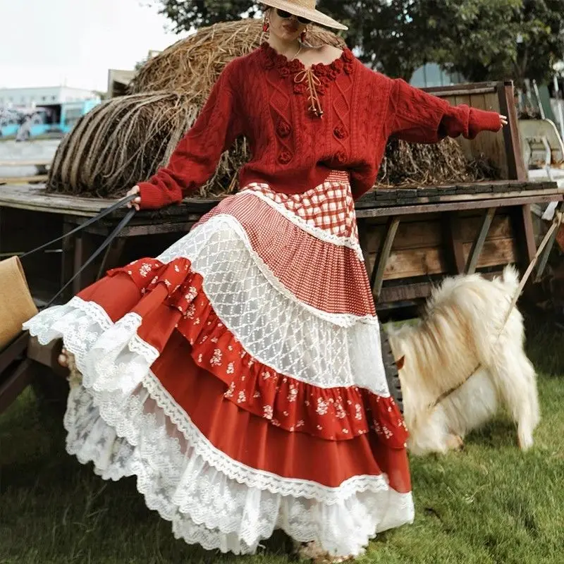 Autumn French Fashion Y2K Vintage Pastoral Style Skirts Women Slim Plaid Print A-Line Cake Skirts Casual Elegant Pleated Skirts