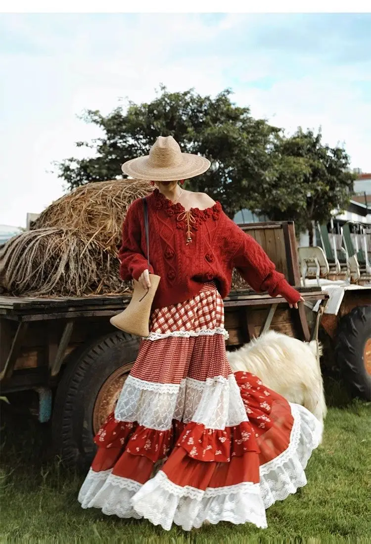Autumn French Fashion Y2K Vintage Pastoral Style Skirts Women Slim Plaid Print A-Line Cake Skirts Casual Elegant Pleated Skirts