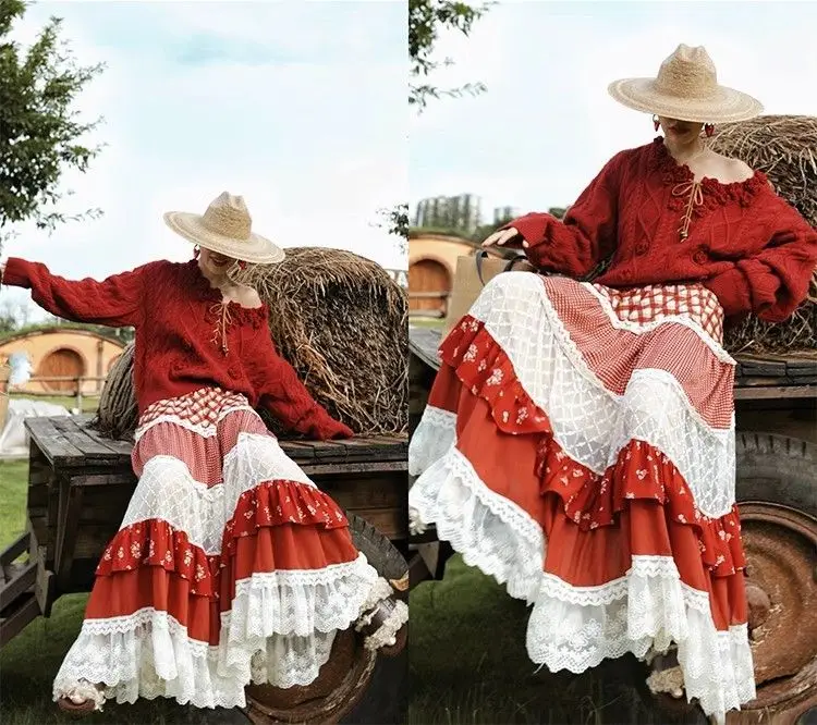 Autumn French Fashion Y2K Vintage Pastoral Style Skirts Women Slim Plaid Print A-Line Cake Skirts Casual Elegant Pleated Skirts