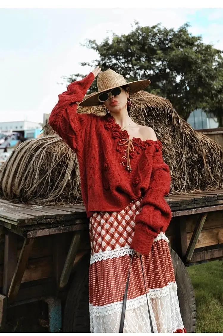 Autumn French Fashion Y2K Vintage Pastoral Style Skirts Women Slim Plaid Print A-Line Cake Skirts Casual Elegant Pleated Skirts