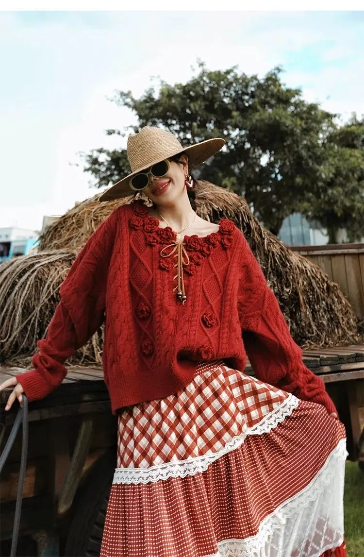 Autumn French Fashion Y2K Vintage Pastoral Style Skirts Women Slim Plaid Print A-Line Cake Skirts Casual Elegant Pleated Skirts