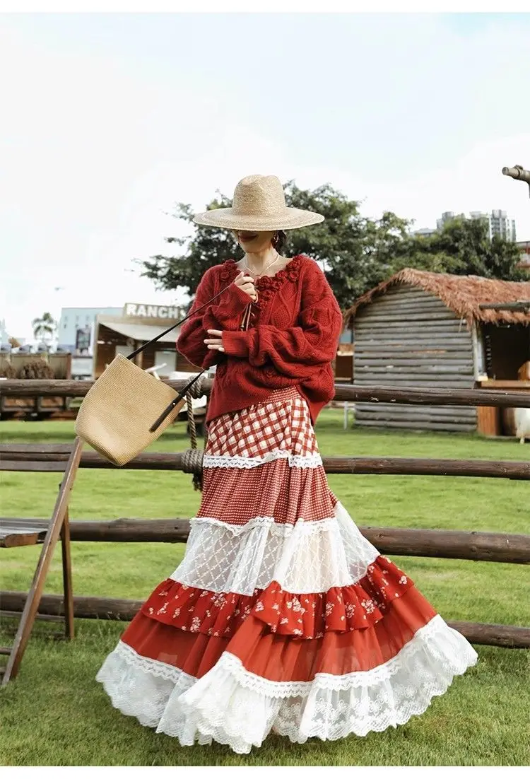Autumn French Fashion Y2K Vintage Pastoral Style Skirts Women Slim Plaid Print A-Line Cake Skirts Casual Elegant Pleated Skirts
