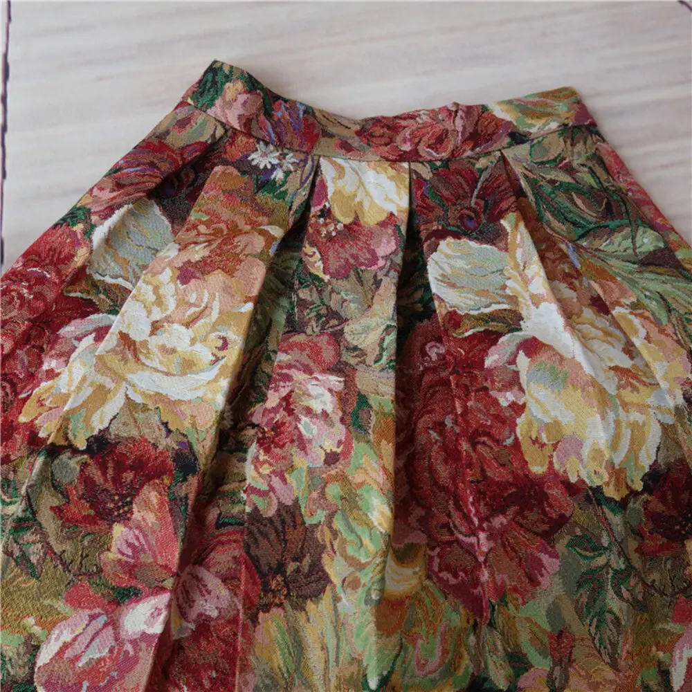 Women's Vintage Oil Painting Floral Skirt Korean Fashion High Waist Pockets Jacquard Thickened Skirts S-XXXL 2024 Spring K219