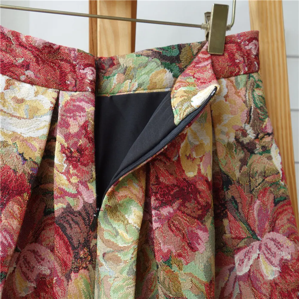 Women's Vintage Oil Painting Floral Skirt Korean Fashion High Waist Pockets Jacquard Thickened Skirts S-XXXL 2024 Spring K219