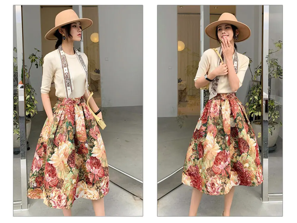 Women's Vintage Oil Painting Floral Skirt Korean Fashion High Waist Pockets Jacquard Thickened Skirts S-XXXL 2024 Spring K219