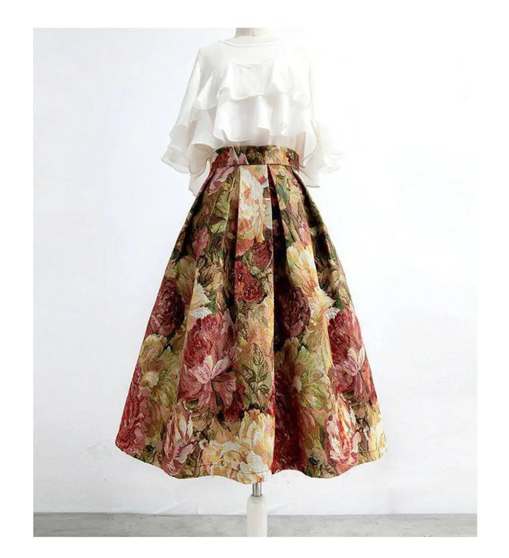Women's Vintage Oil Painting Floral Skirt Korean Fashion High Waist Pockets Jacquard Thickened Skirts S-XXXL 2024 Spring K219