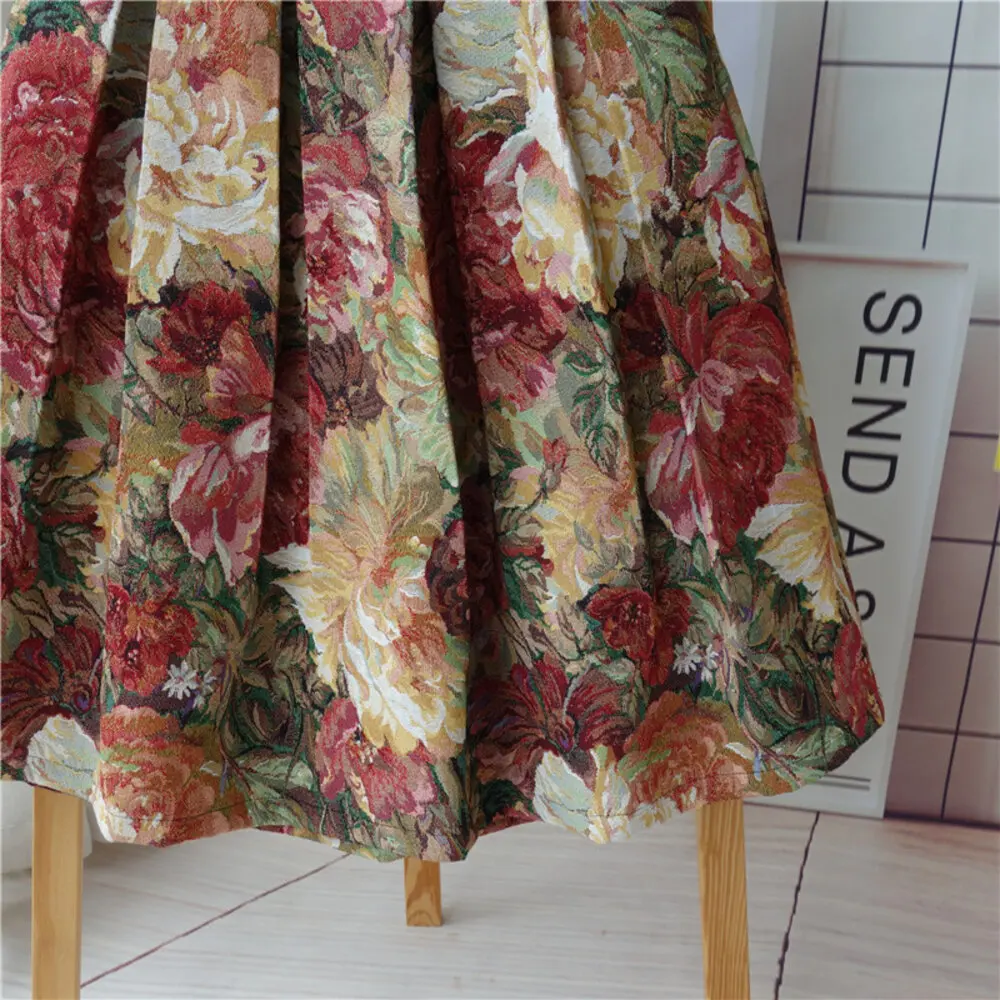 Women's Vintage Oil Painting Floral Skirt Korean Fashion High Waist Pockets Jacquard Thickened Skirts S-XXXL 2024 Spring K219
