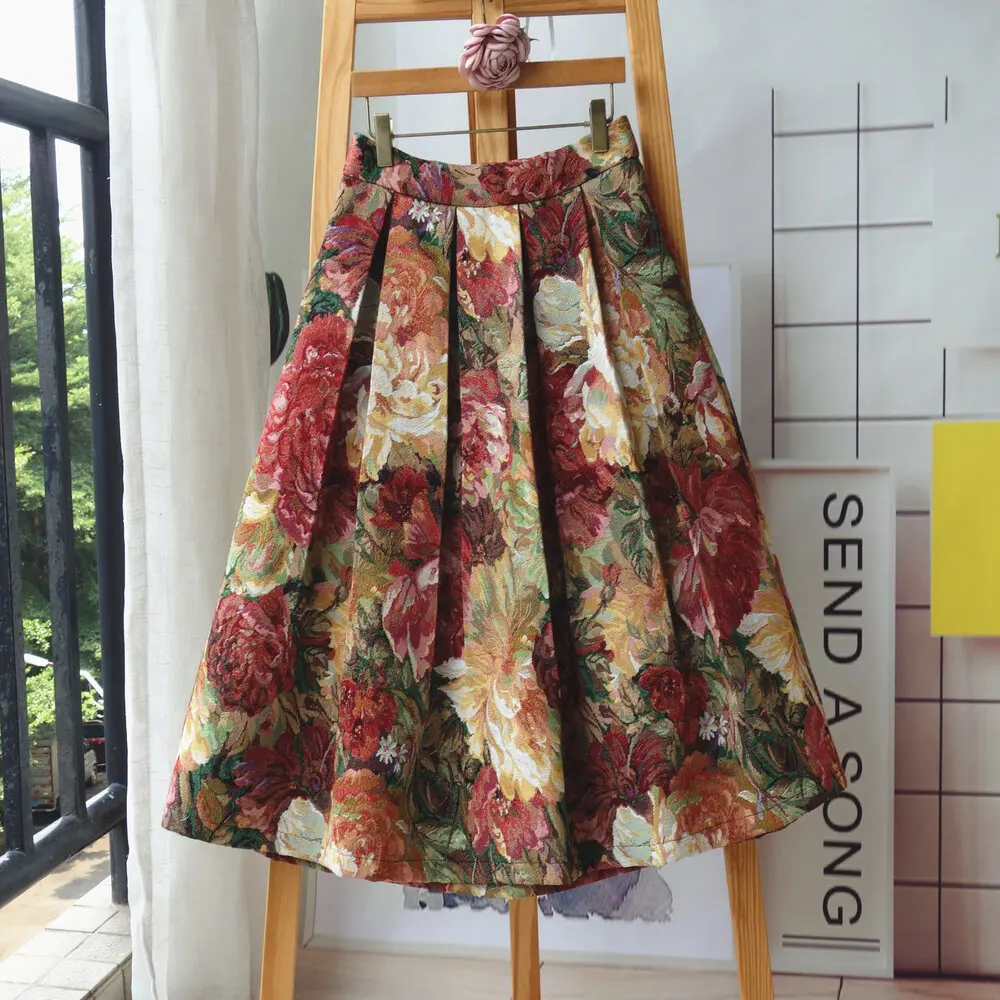 Women's Vintage Oil Painting Floral Skirt Korean Fashion High Waist Pockets Jacquard Thickened Skirts S-XXXL 2024 Spring K219
