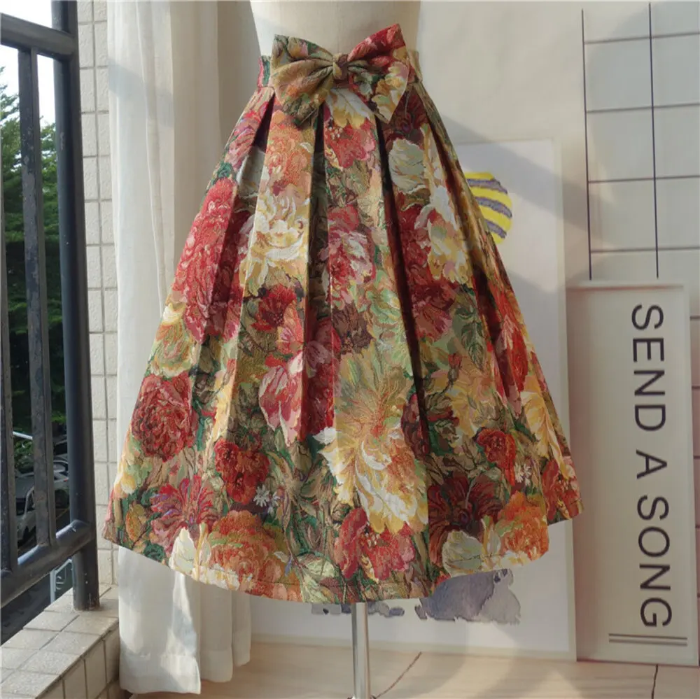 Women's Vintage Oil Painting Floral Skirt Korean Fashion High Waist Pockets Jacquard Thickened Skirts S-XXXL 2024 Spring K219
