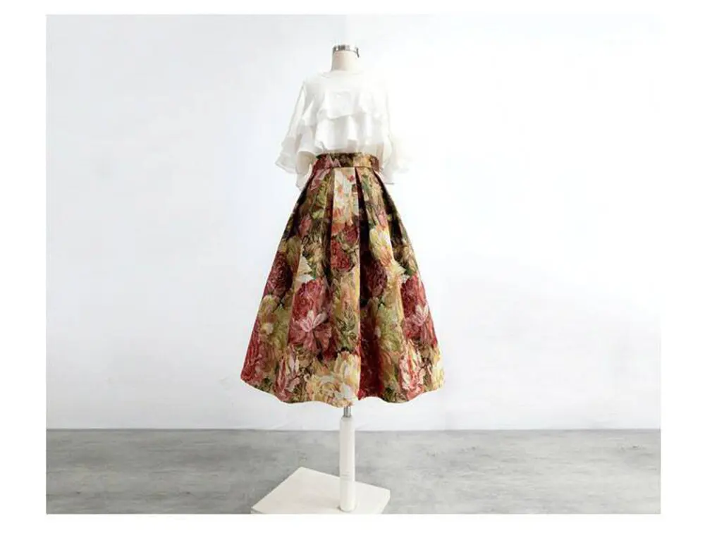 Women's Vintage Oil Painting Floral Skirt Korean Fashion High Waist Pockets Jacquard Thickened Skirts S-XXXL 2024 Spring K219