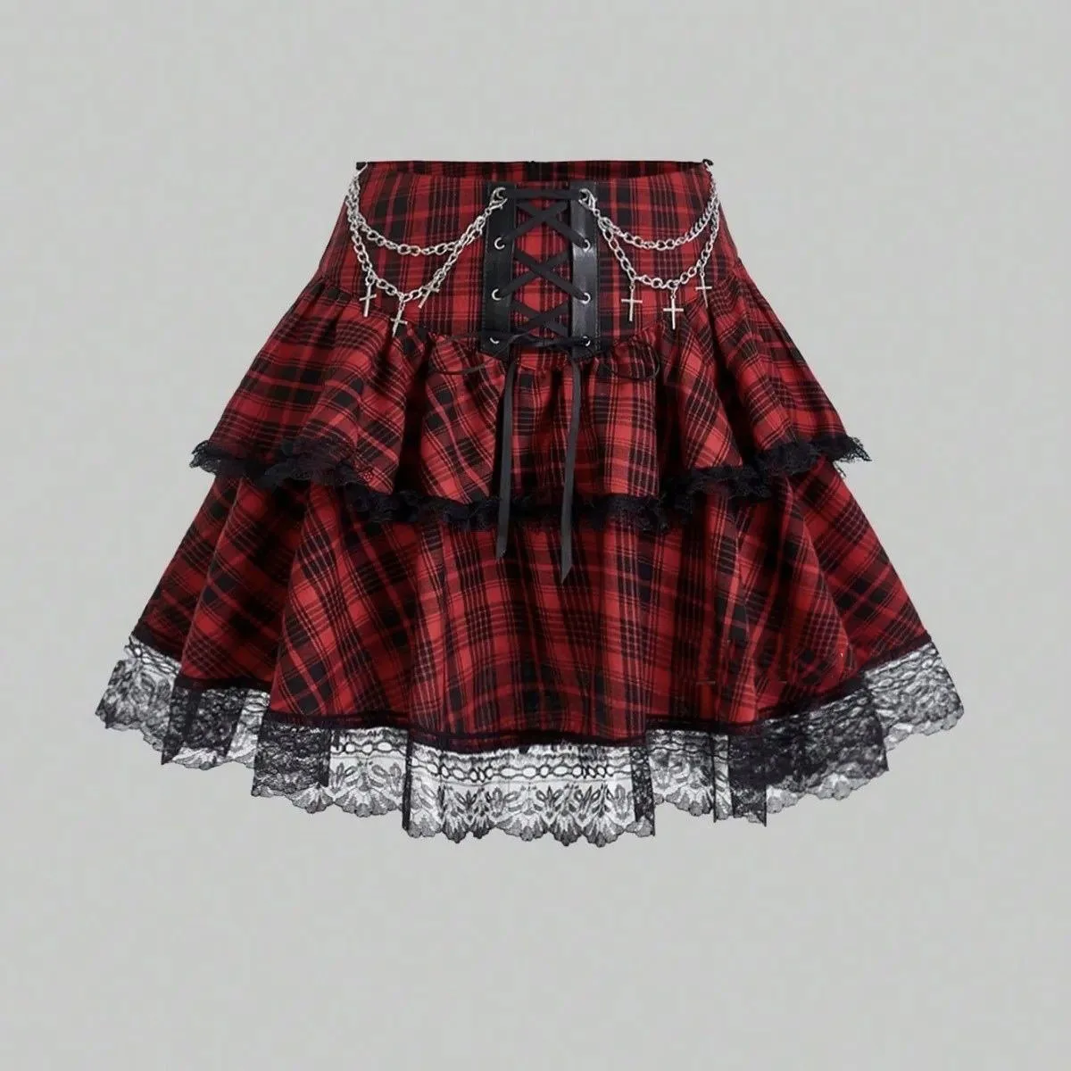 Plaid Print Subcultures Punk Rock Y2k Mini Skirt High Waist Ruffle Cake Lace Up Harajuku Gothic 2000s Ball Gown Skirts for Women
