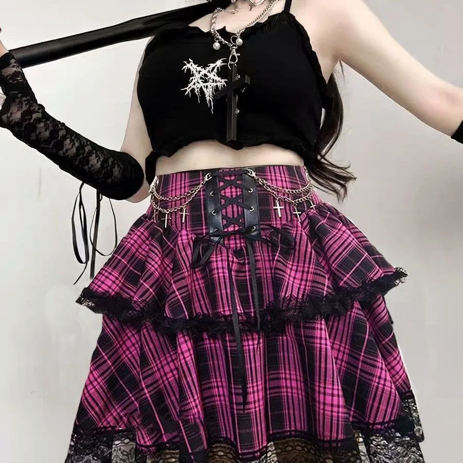 Plaid Print Subcultures Punk Rock Y2k Mini Skirt High Waist Ruffle Cake Lace Up Harajuku Gothic 2000s Ball Gown Skirts for Women