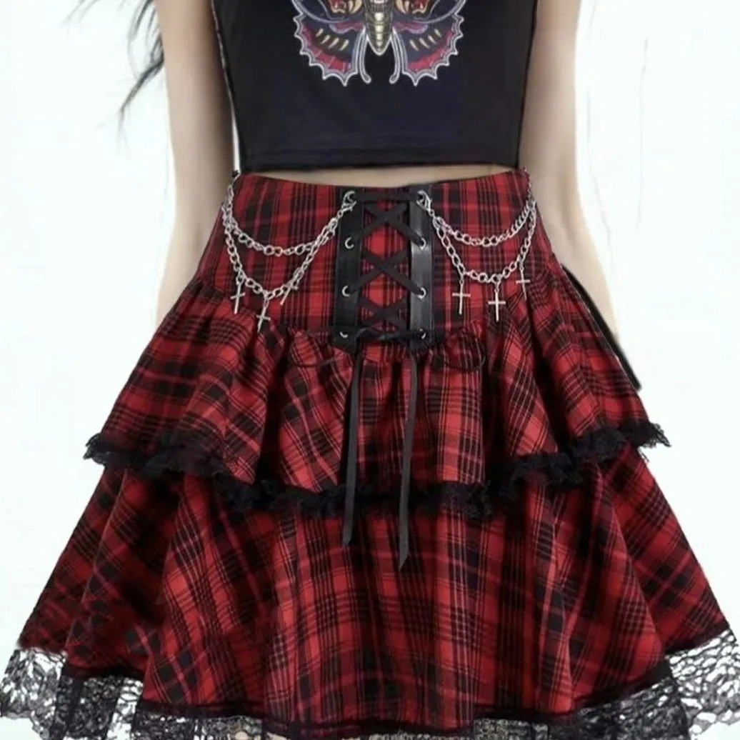 Plaid Print Subcultures Punk Rock Y2k Mini Skirt High Waist Ruffle Cake Lace Up Harajuku Gothic 2000s Ball Gown Skirts for Women
