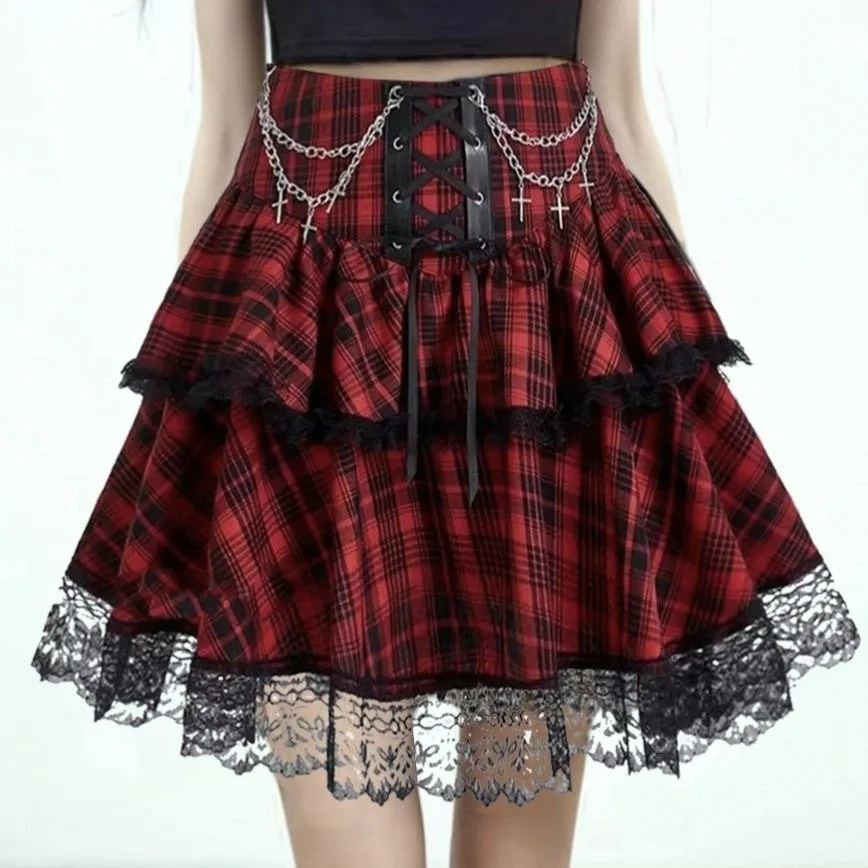 Plaid Print Subcultures Punk Rock Y2k Mini Skirt High Waist Ruffle Cake Lace Up Harajuku Gothic 2000s Ball Gown Skirts for Women