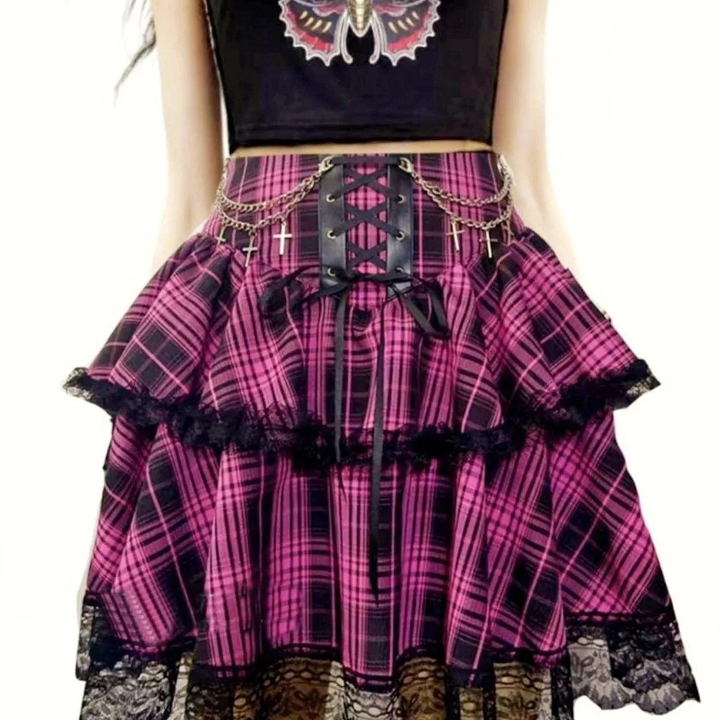 Plaid Print Subcultures Punk Rock Y2k Mini Skirt High Waist Ruffle Cake Lace Up Harajuku Gothic 2000s Ball Gown Skirts for Women