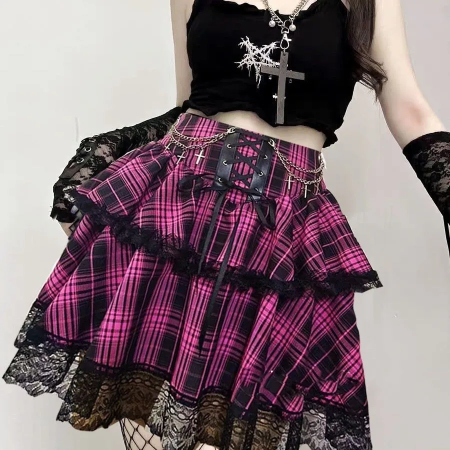 Plaid Print Subcultures Punk Rock Y2k Mini Skirt High Waist Ruffle Cake Lace Up Harajuku Gothic 2000s Ball Gown Skirts for Women