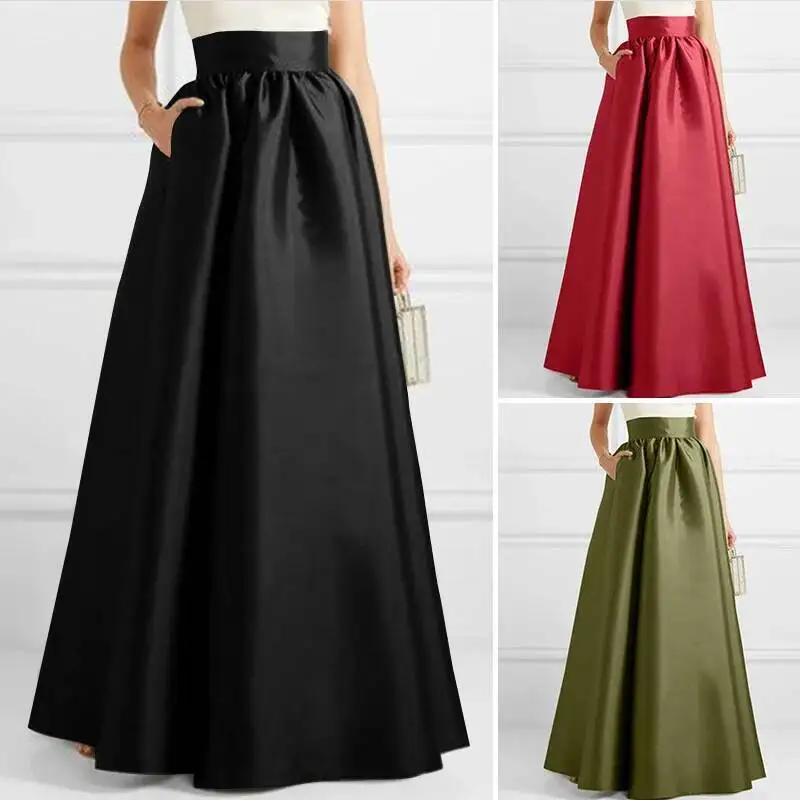 Bohemian Women Satin Silk Long Skirts Cotton Solid Elegant Loose Sundress Femme Elastic Waist Oversized Casual Dresses ONSJ