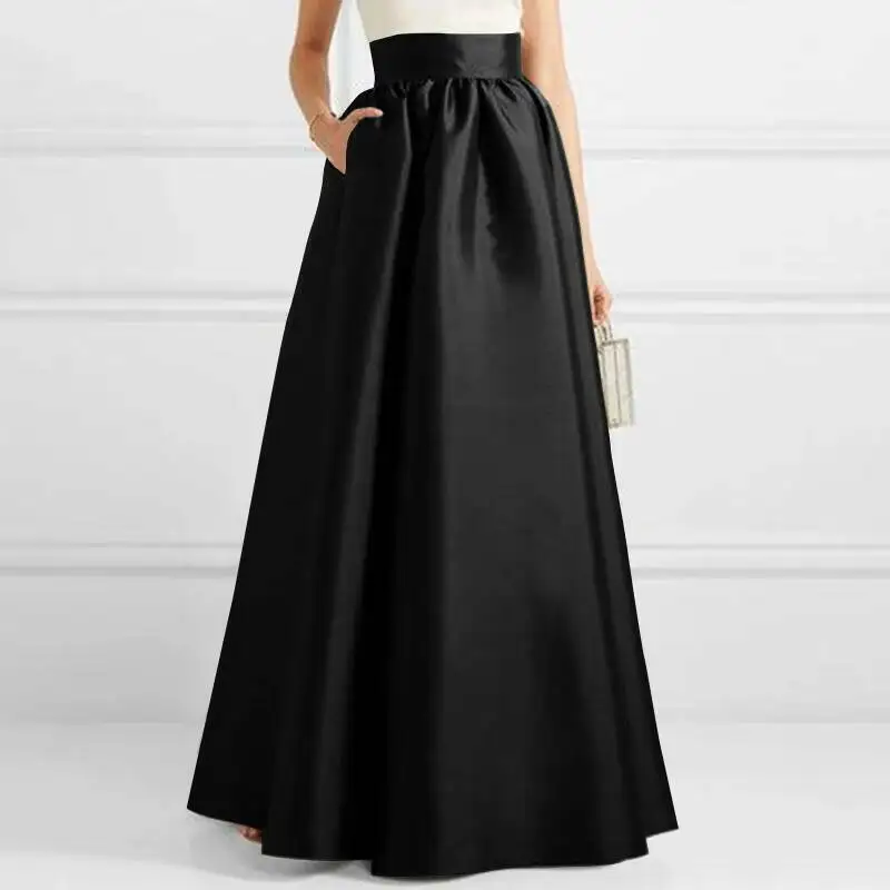 Bohemian Women Satin Silk Long Skirts Cotton Solid Elegant Loose Sundress Femme Elastic Waist Oversized Casual Dresses ONSJ