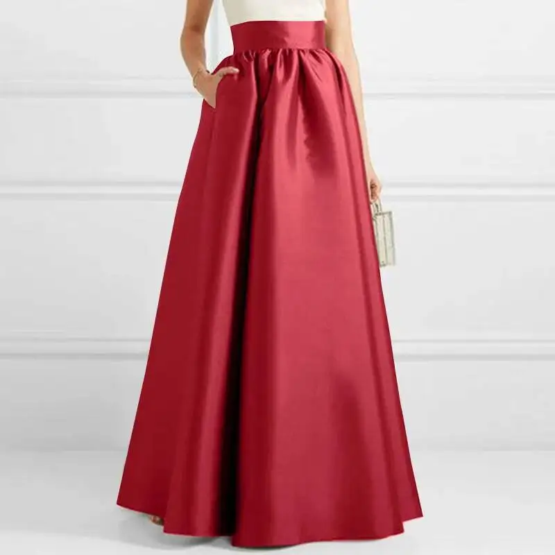 Bohemian Women Satin Silk Long Skirts Cotton Solid Elegant Loose Sundress Femme Elastic Waist Oversized Casual Dresses ONSJ