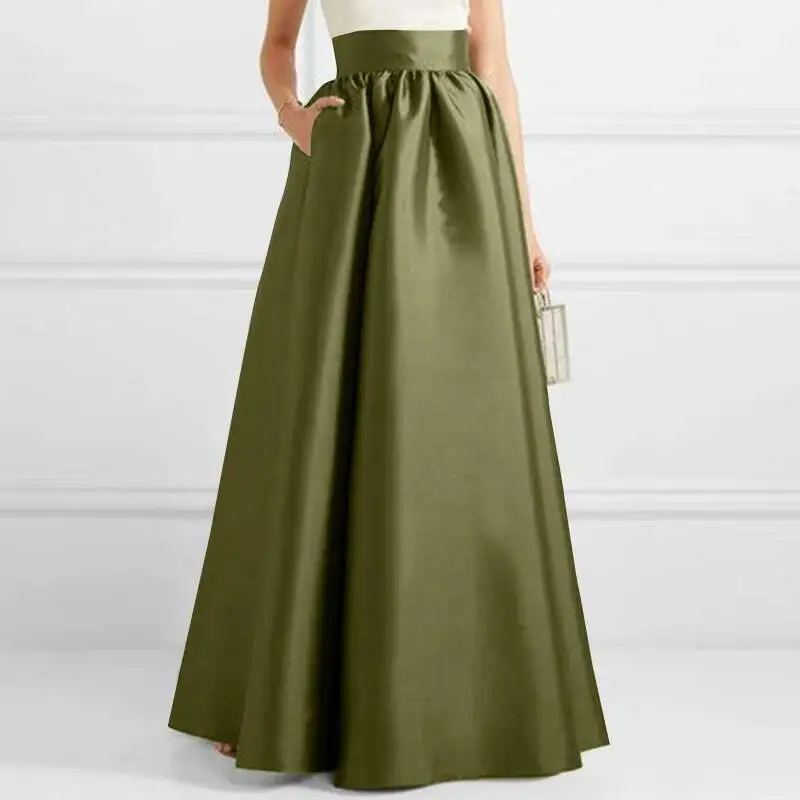 Bohemian Women Satin Silk Long Skirts Cotton Solid Elegant Loose Sundress Femme Elastic Waist Oversized Casual Dresses ONSJ