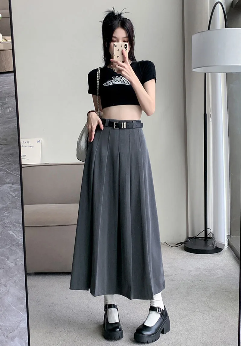 Xpqbb Women Summer Black Grey Long Skirt Vintage High Waist Y2K Pleated Skirt Woman College Style Wild Student A Line Skirts