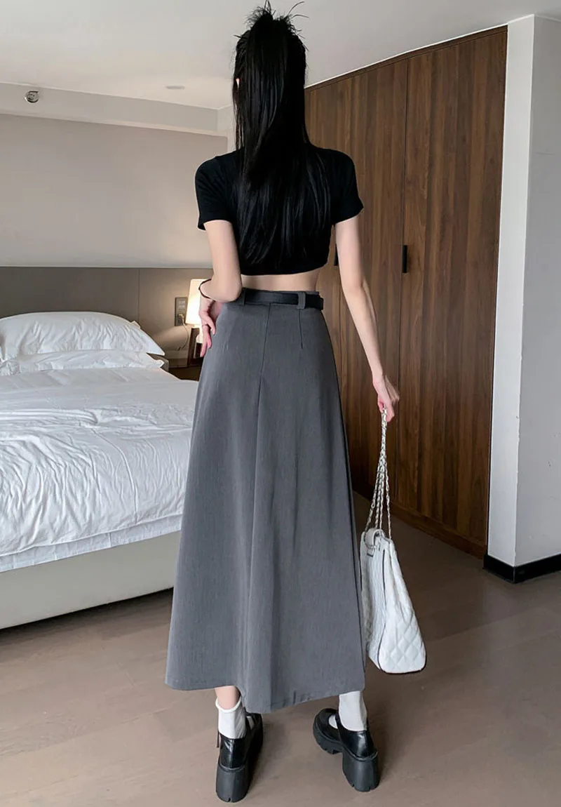 Xpqbb Women Summer Black Grey Long Skirt Vintage High Waist Y2K Pleated Skirt Woman College Style Wild Student A Line Skirts
