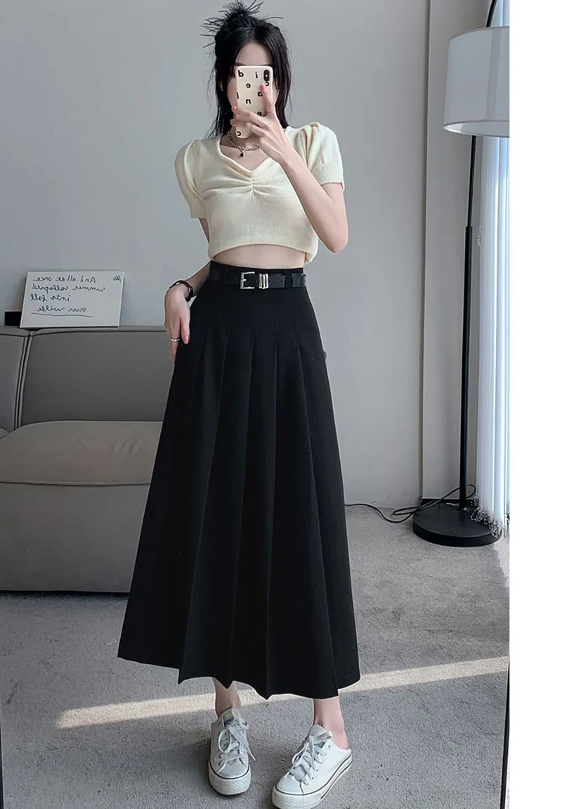 Xpqbb Women Summer Black Grey Long Skirt Vintage High Waist Y2K Pleated Skirt Woman College Style Wild Student A Line Skirts