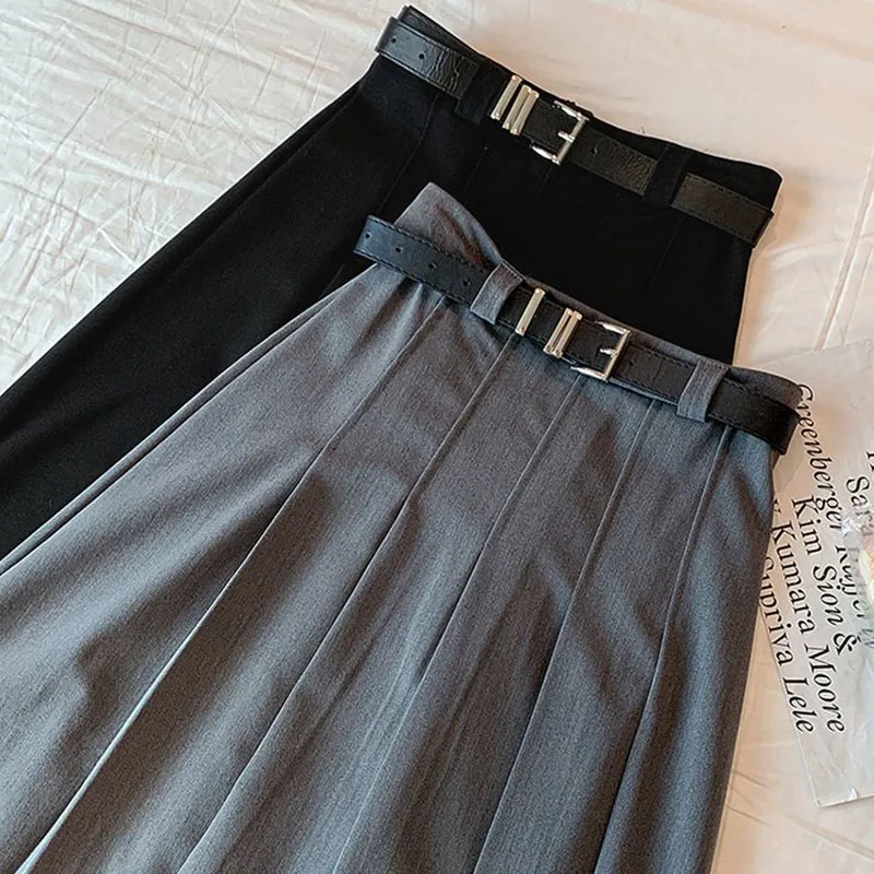 Xpqbb Women Summer Black Grey Long Skirt Vintage High Waist Y2K Pleated Skirt Woman College Style Wild Student A Line Skirts