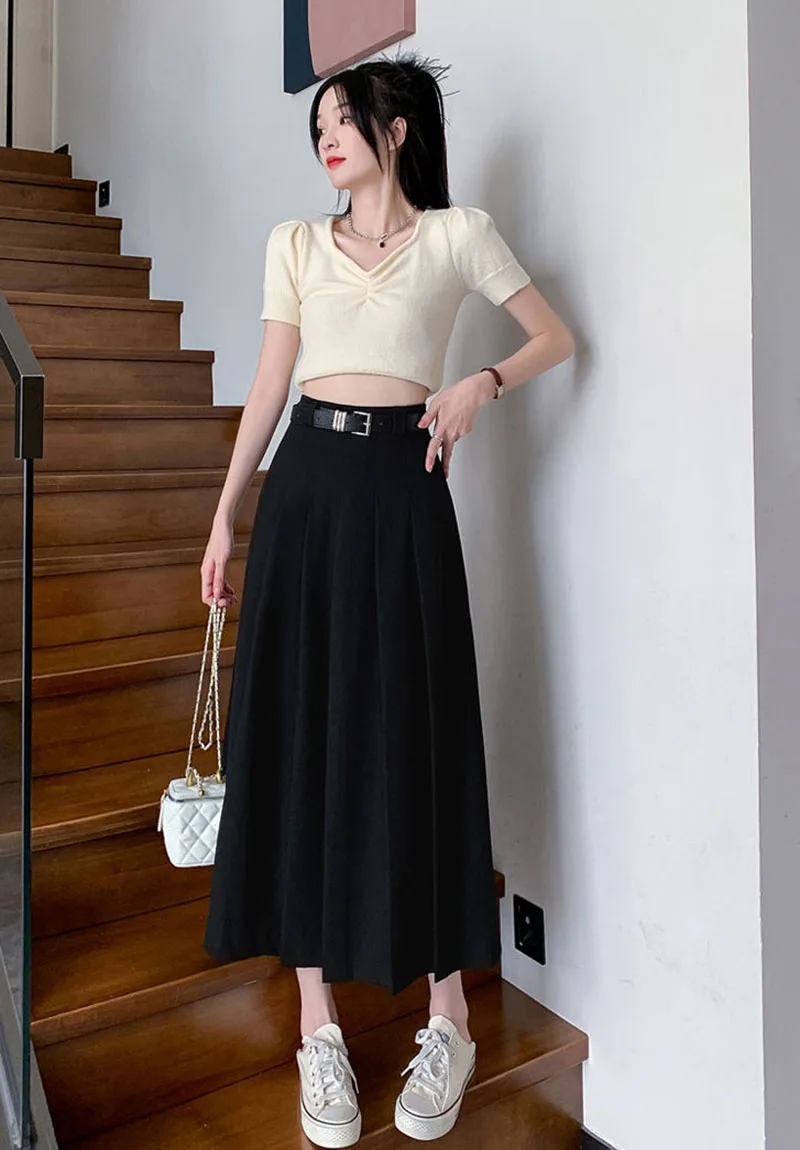 Xpqbb Women Summer Black Grey Long Skirt Vintage High Waist Y2K Pleated Skirt Woman College Style Wild Student A Line Skirts