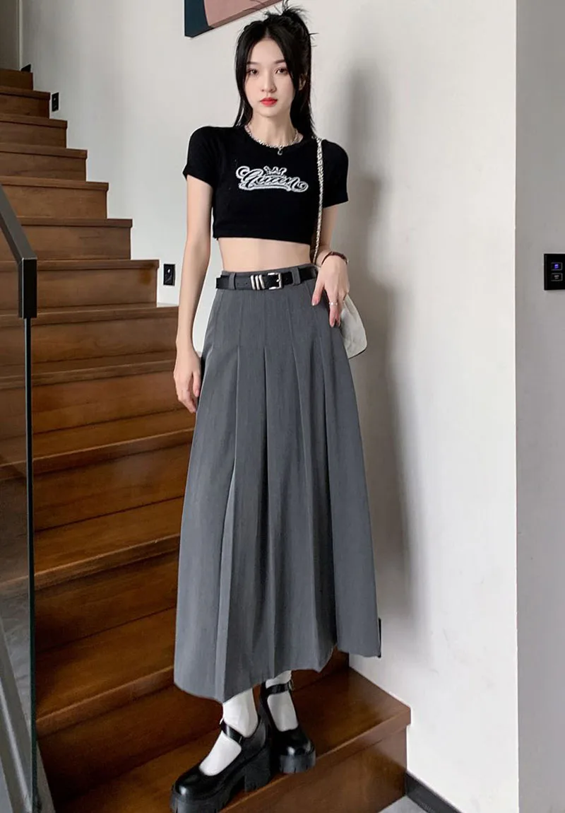Xpqbb Women Summer Black Grey Long Skirt Vintage High Waist Y2K Pleated Skirt Woman College Style Wild Student A Line Skirts