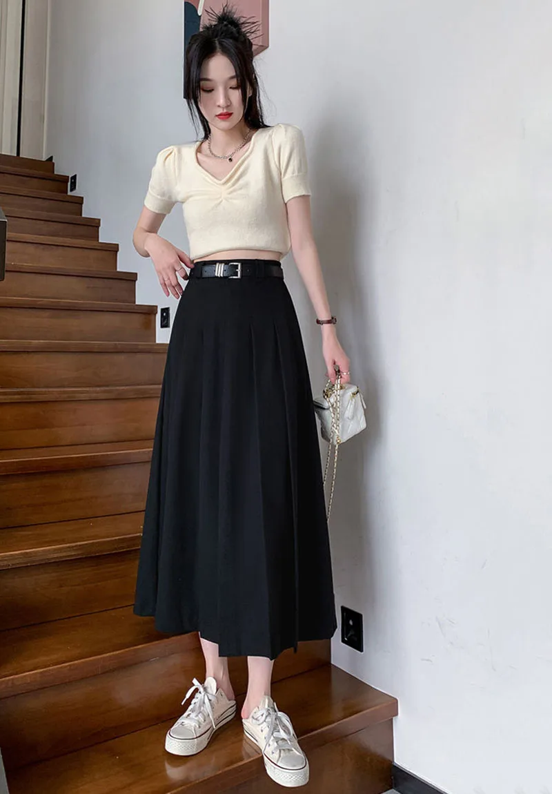 Xpqbb Women Summer Black Grey Long Skirt Vintage High Waist Y2K Pleated Skirt Woman College Style Wild Student A Line Skirts