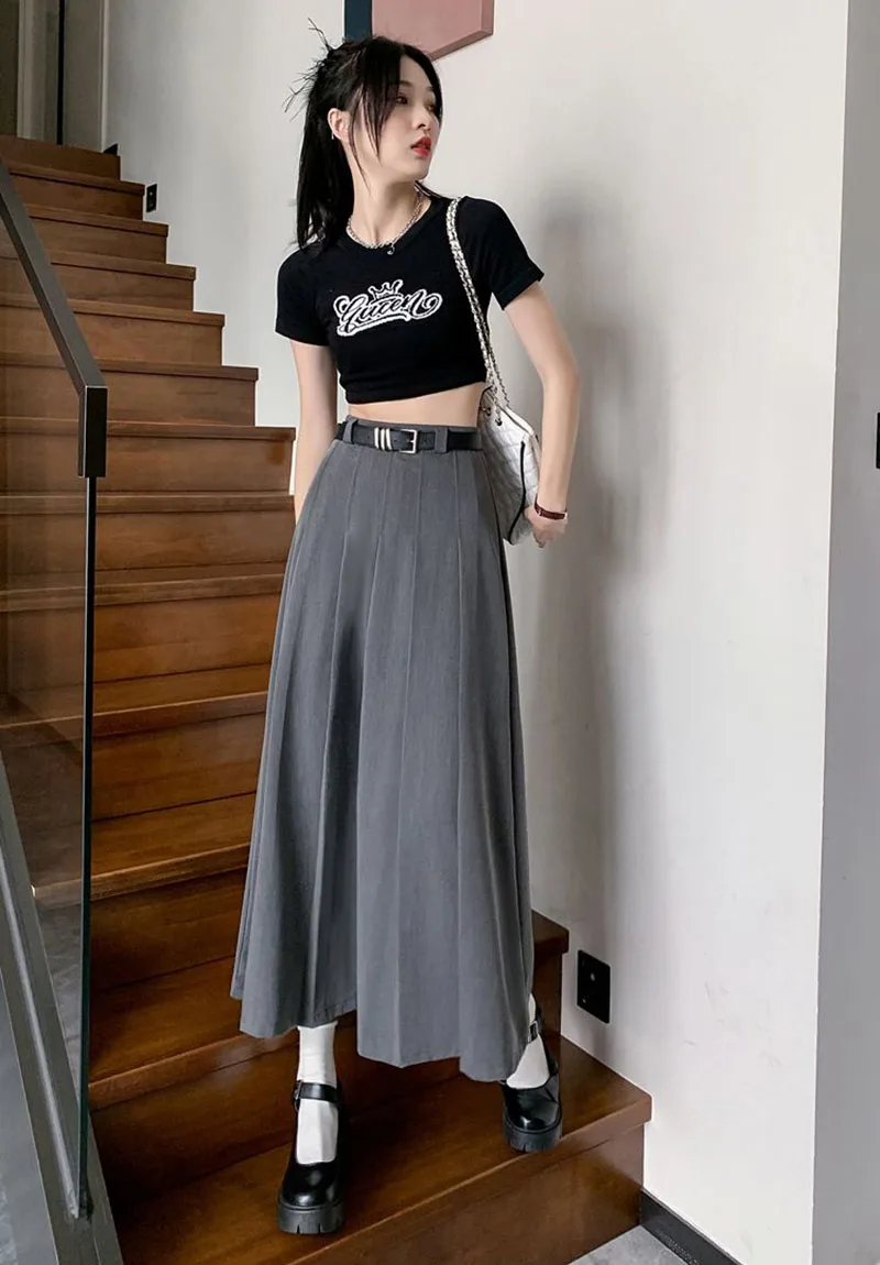 Xpqbb Women Summer Black Grey Long Skirt Vintage High Waist Y2K Pleated Skirt Woman College Style Wild Student A Line Skirts