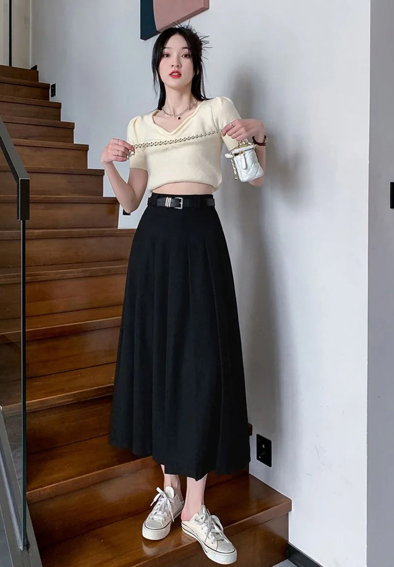 Xpqbb Women Summer Black Grey Long Skirt Vintage High Waist Y2K Pleated Skirt Woman College Style Wild Student A Line Skirts