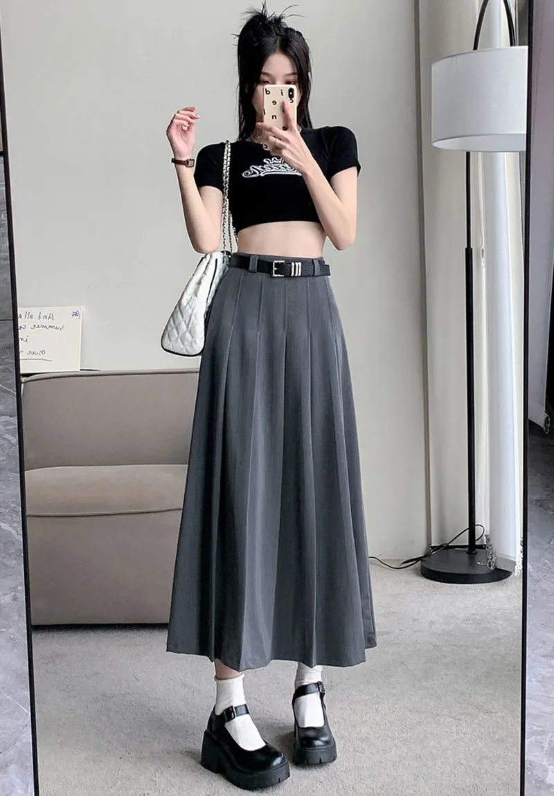 Xpqbb Women Summer Black Grey Long Skirt Vintage High Waist Y2K Pleated Skirt Woman College Style Wild Student A Line Skirts