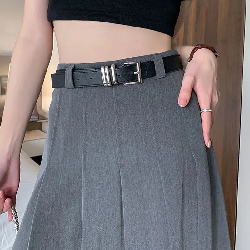 Xpqbb Women Summer Black Grey Long Skirt Vintage High Waist Y2K Pleated Skirt Woman College Style Wild Student A Line Skirts