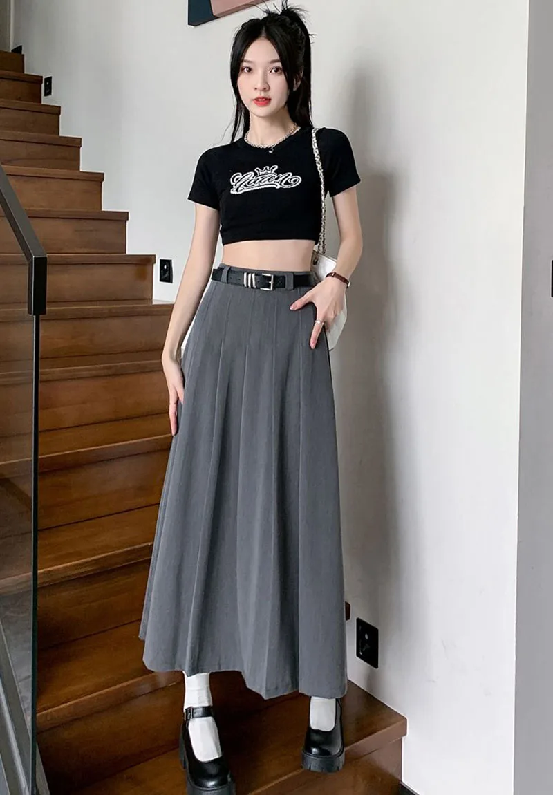 Xpqbb Women Summer Black Grey Long Skirt Vintage High Waist Y2K Pleated Skirt Woman College Style Wild Student A Line Skirts