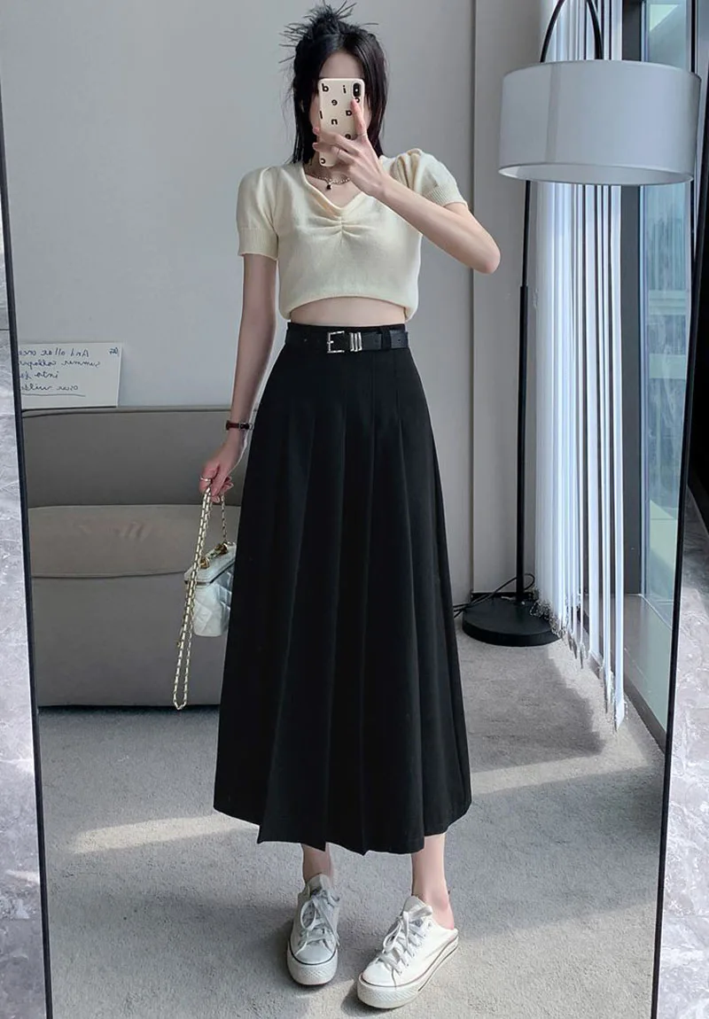 Xpqbb Women Summer Black Grey Long Skirt Vintage High Waist Y2K Pleated Skirt Woman College Style Wild Student A Line Skirts
