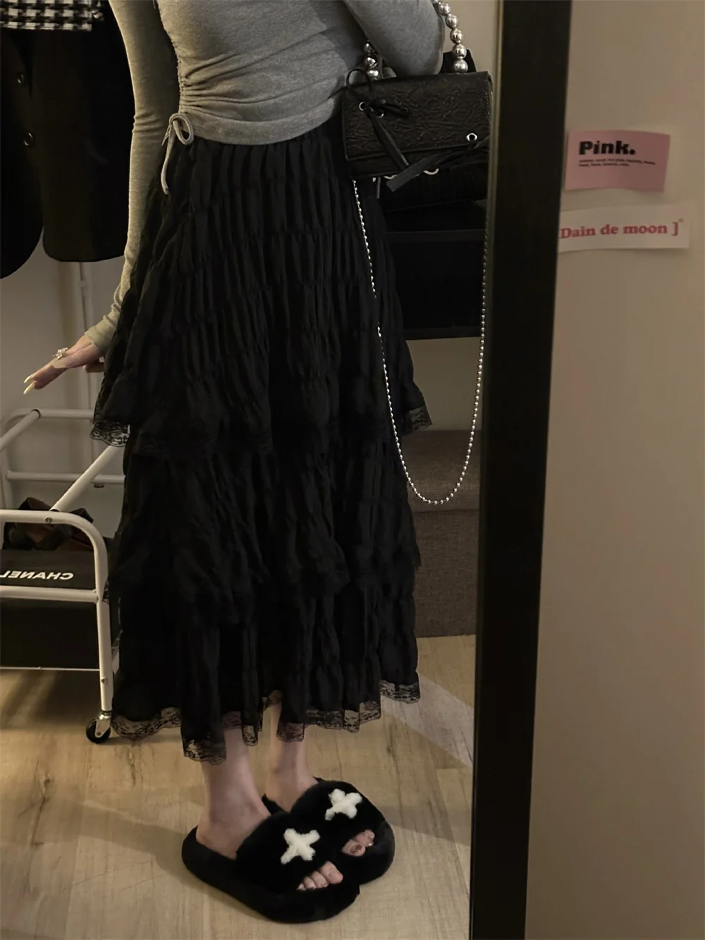 womens 2024 Fashion Korean Women New White Black Long Crochet Lace Skirt Summer High Elastic Waist Low Ruffle Pleated Skirts