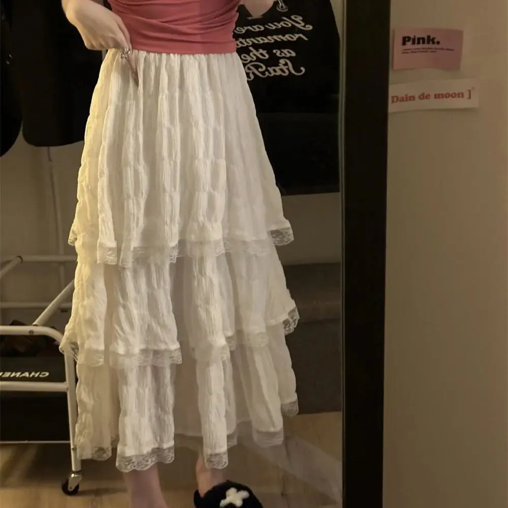womens 2024 Fashion Korean Women New White Black Long Crochet Lace Skirt Summer High Elastic Waist Low Ruffle Pleated Skirts