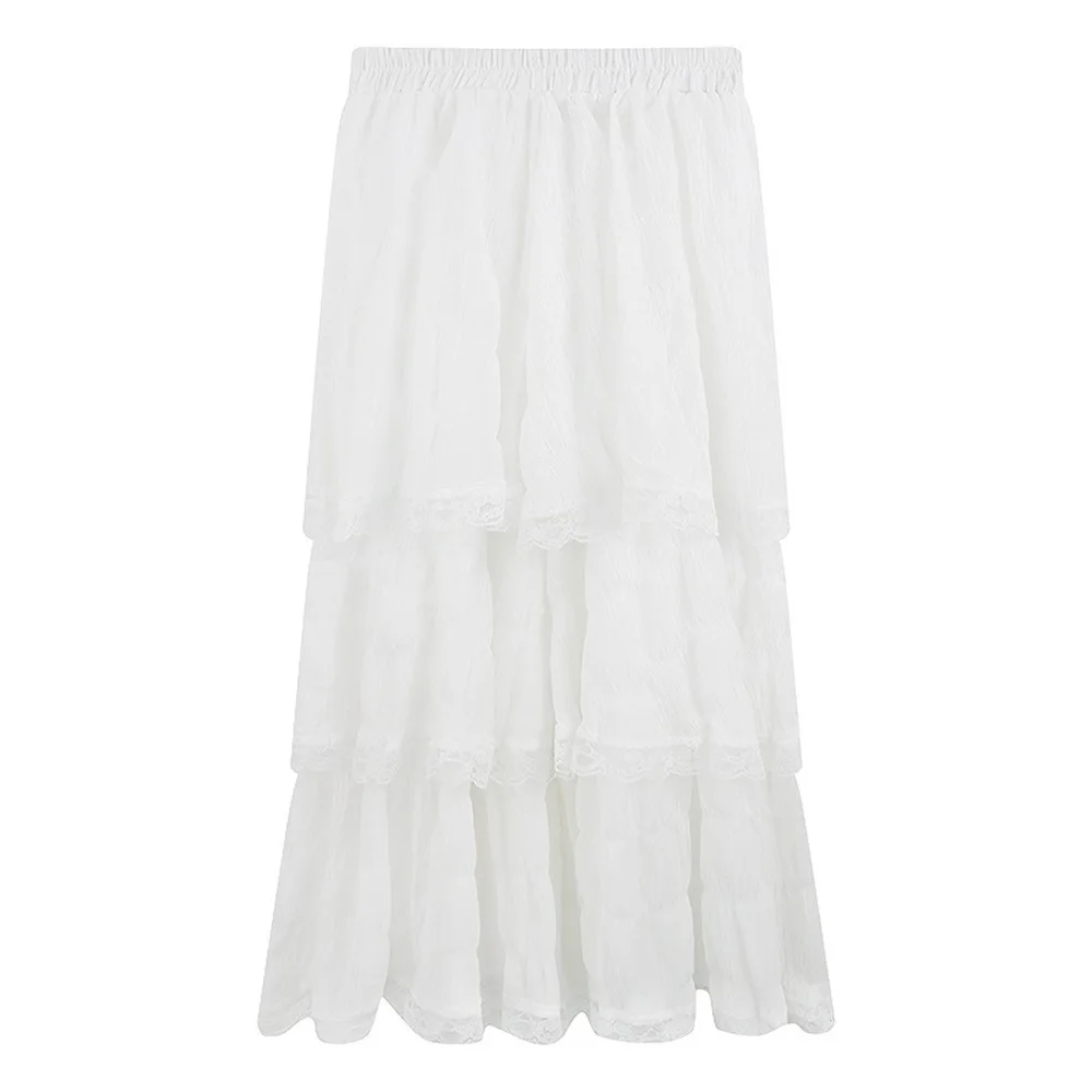 womens 2024 Fashion Korean Women New White Black Long Crochet Lace Skirt Summer High Elastic Waist Low Ruffle Pleated Skirts